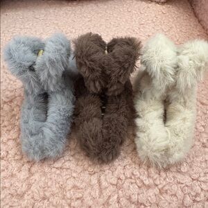 NEW Set of 3 Fuzzy Hair Clips-Blue/Brown/Cream